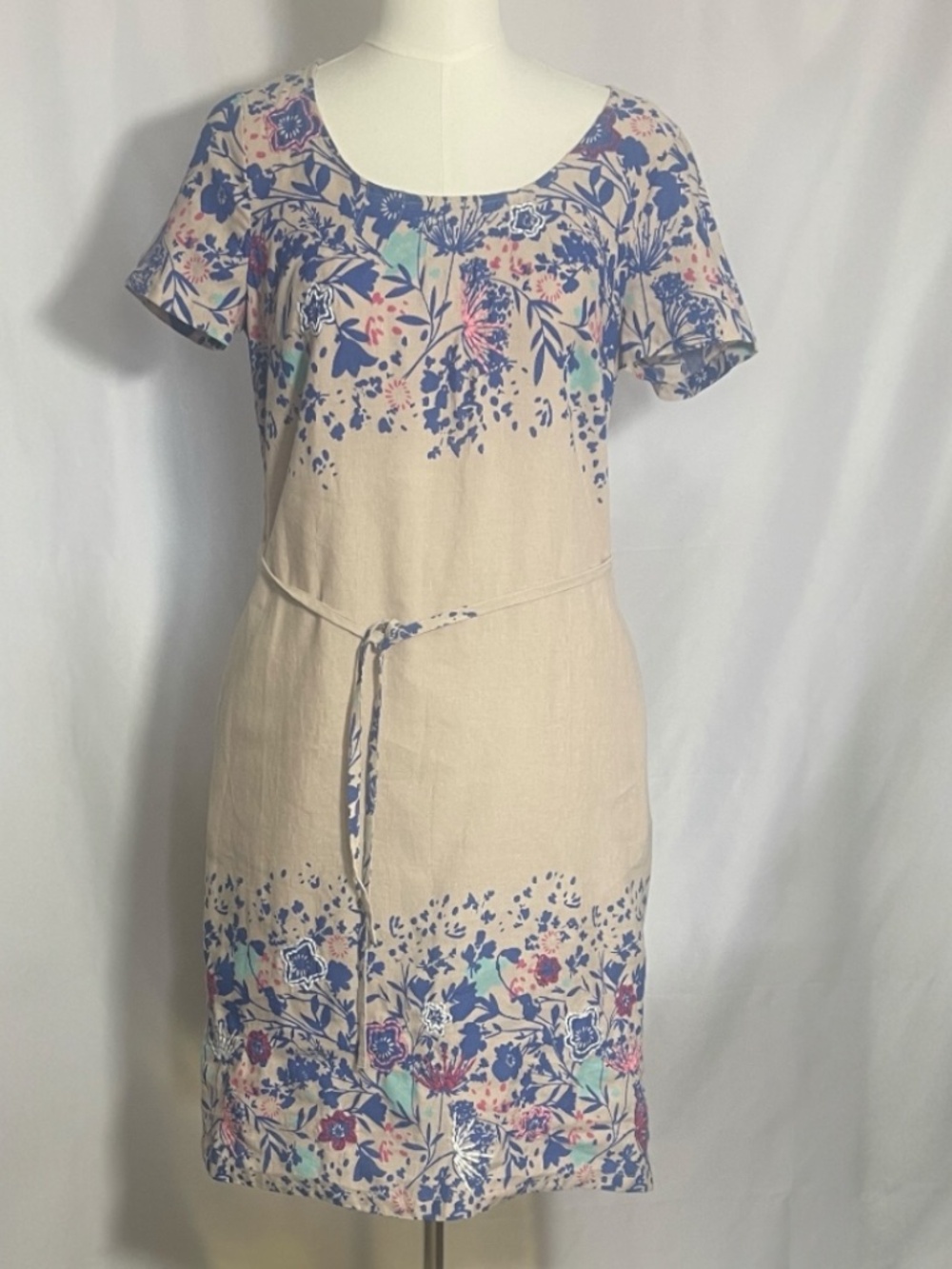 Per Una M&S Linen Cotton Blend Floral Dress Beige Blue Pink Lined Boho Size 8